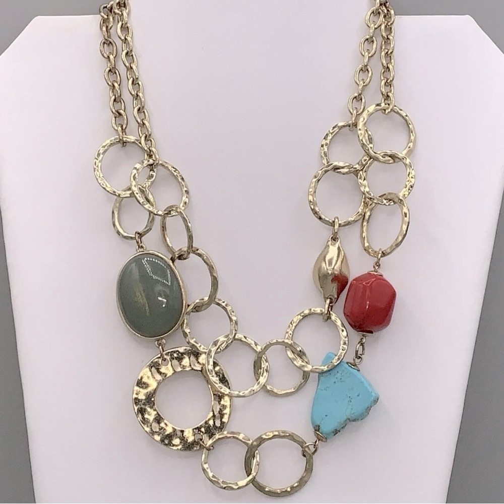 Chico’s statement necklace, gold tone w/turquoise/coral and jade colored accents